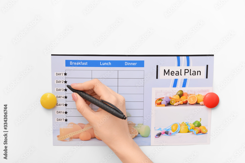 Woman making meal plan on white background