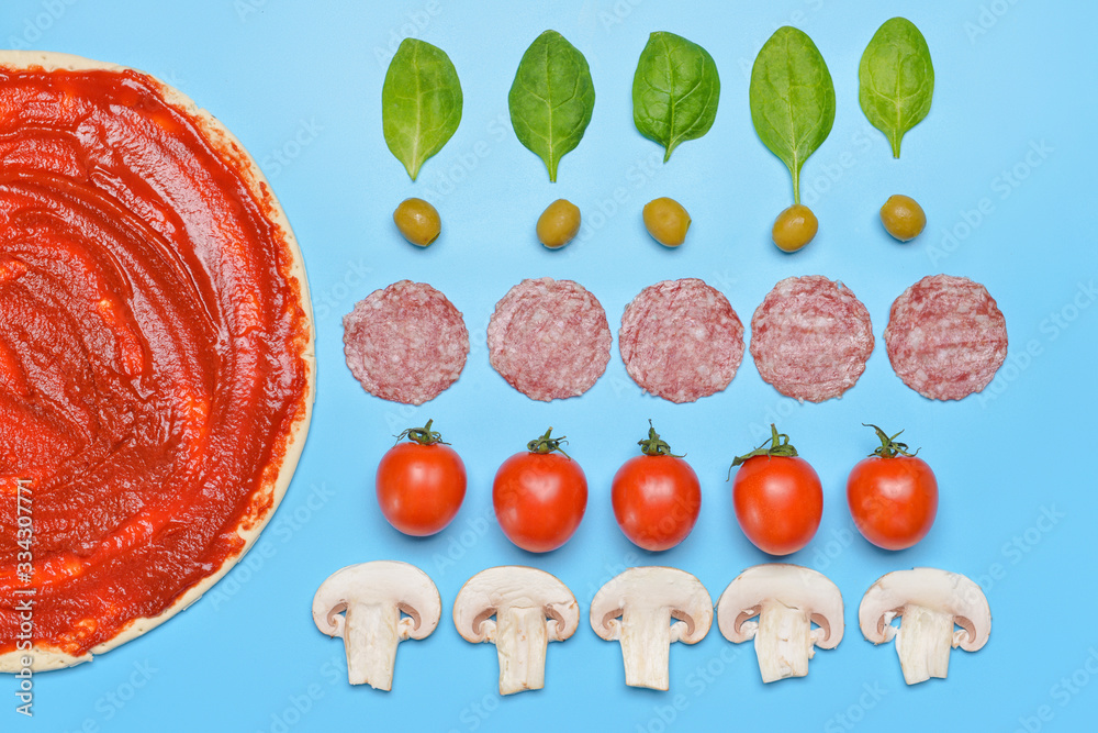 Ingredients for tasty pizza on color background