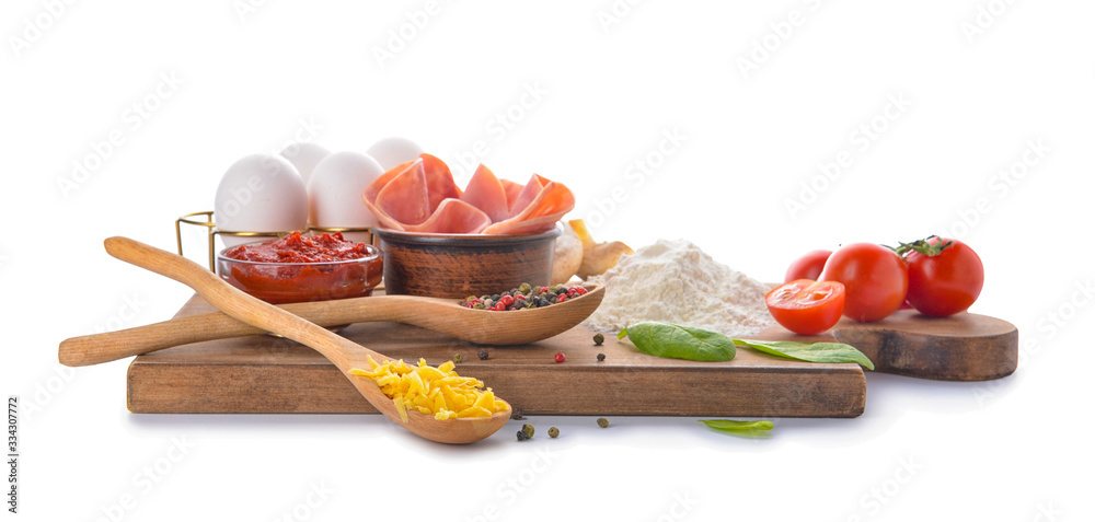 Ingredients for tasty pizza on white background