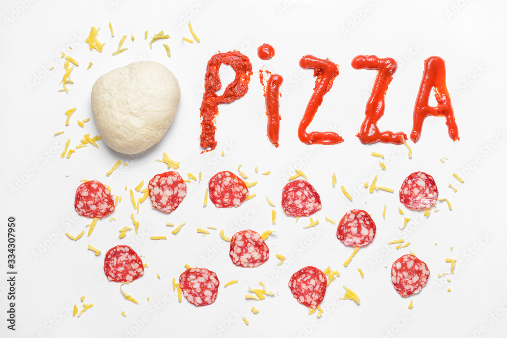 Ingredients for tasty pizza on white background