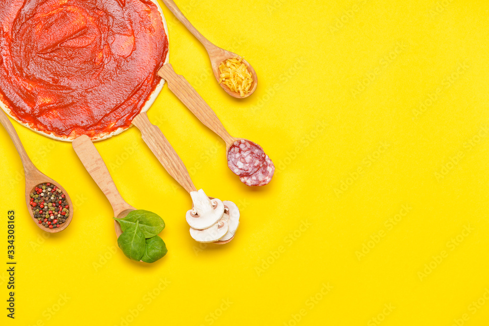 Ingredients for tasty pizza on color background