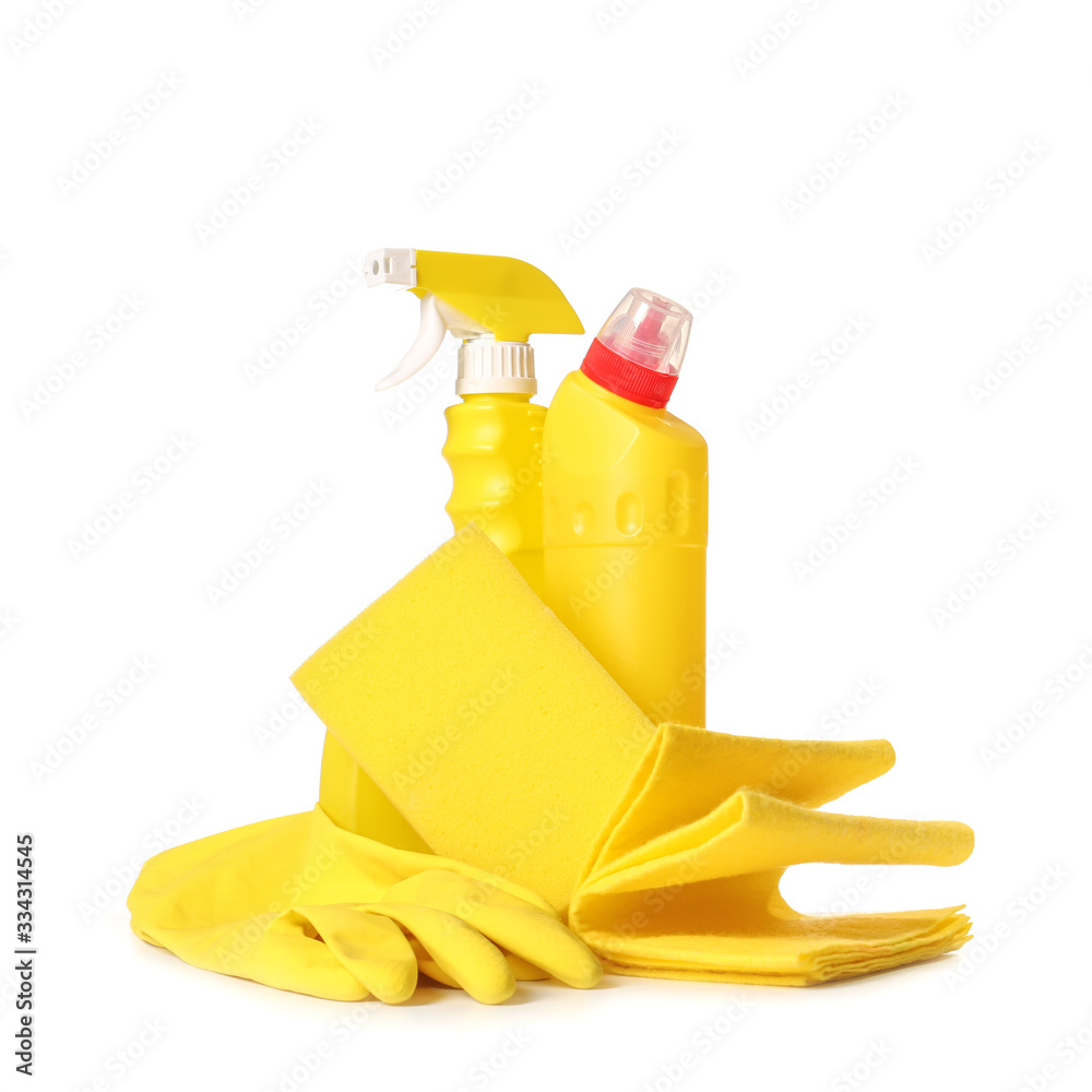 Set of cleaning supplies on white background