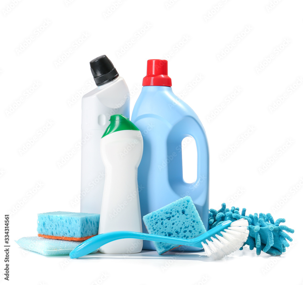 Set of cleaning supplies on white background