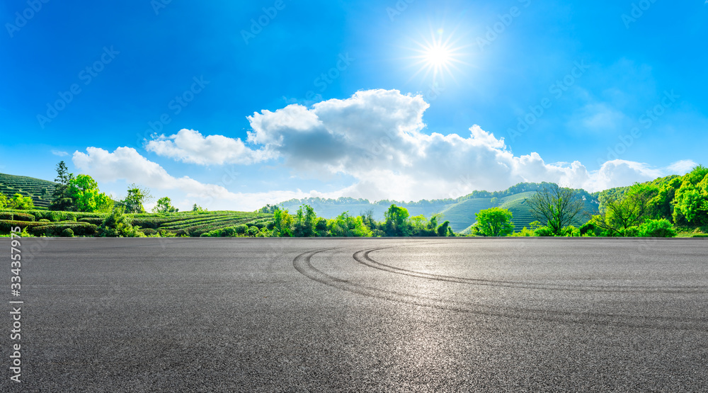 赛道公路和绿茶种植园自然景观。