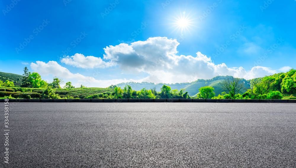 Empty asphalt road and green tea plantation nature landscape.