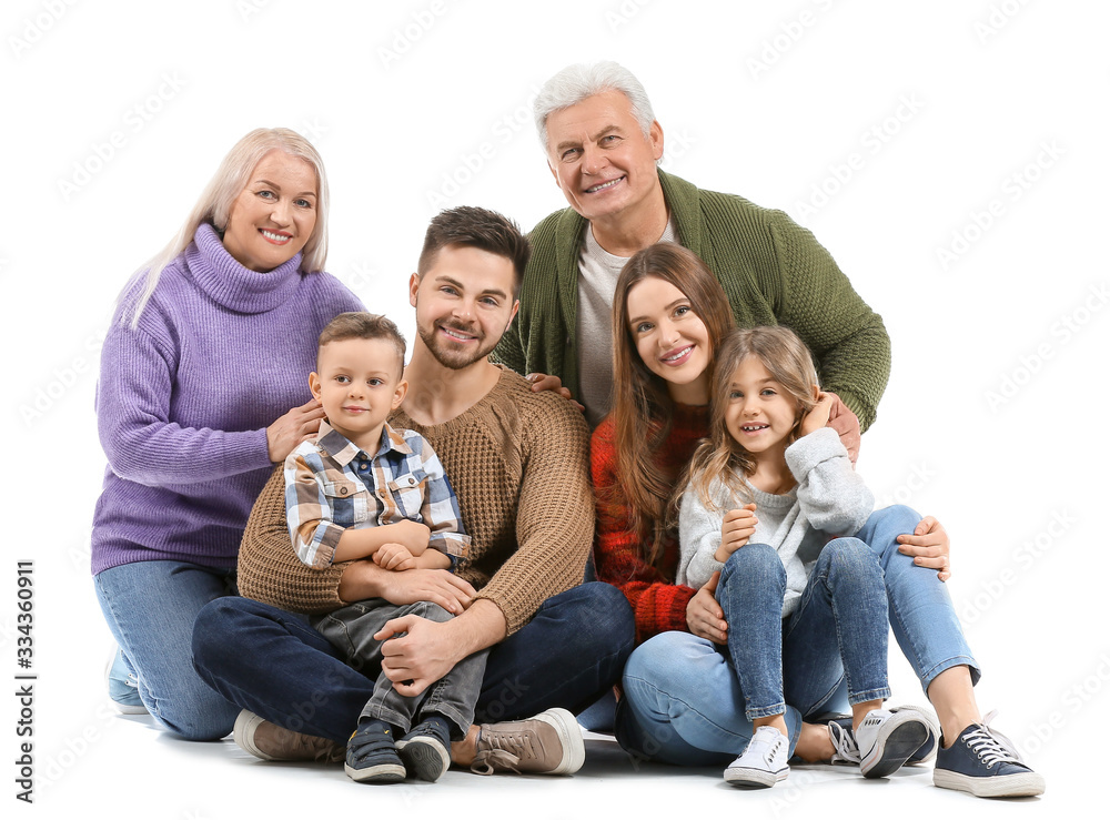 Portrait of big family on white background