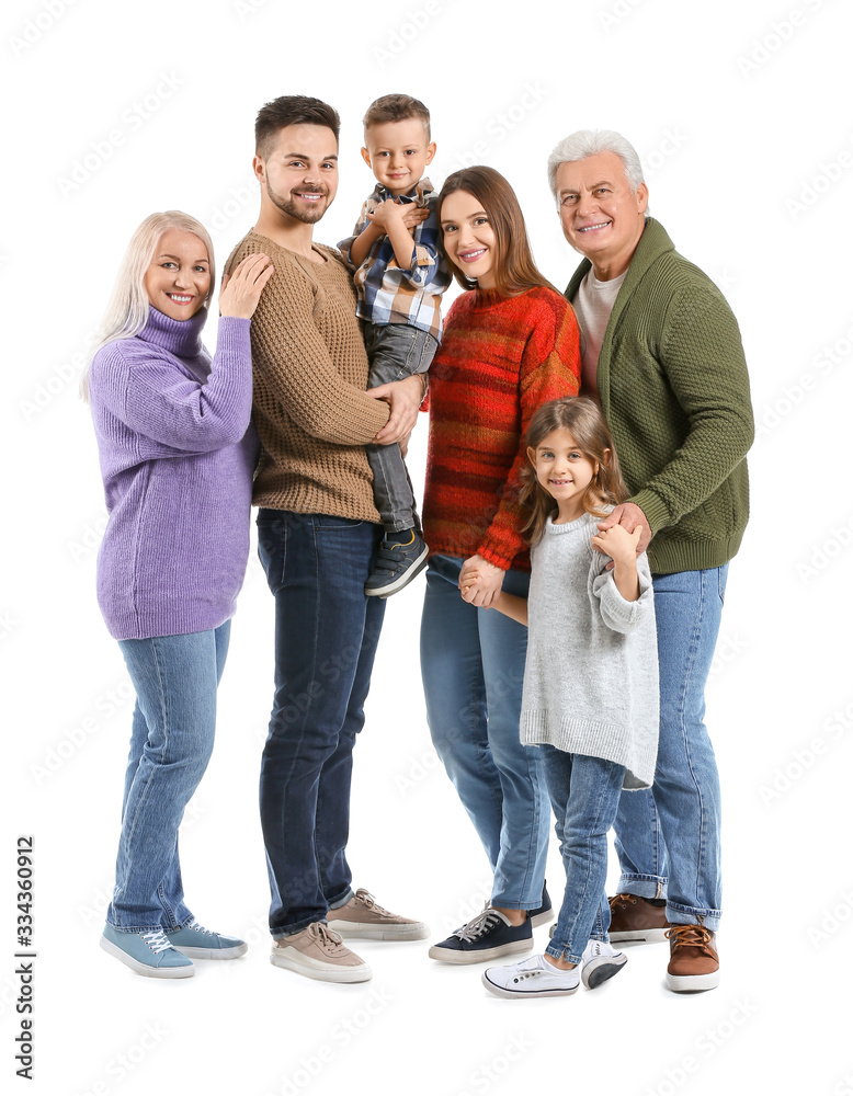 Portrait of big family on white background