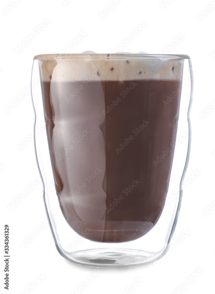 Glass of hot chocolate on white background