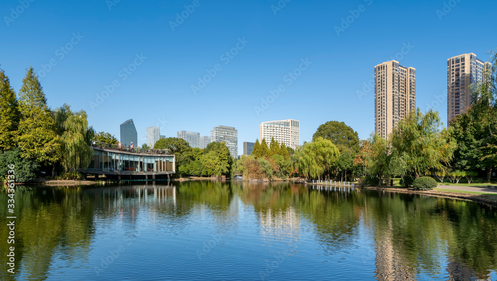 Ningbo City Park and building skyline..