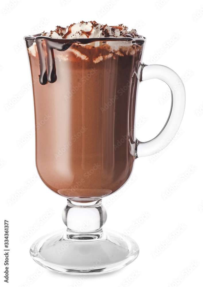 Cup of hot chocolate on white background