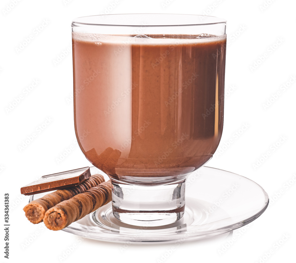 Glass of hot chocolate on white background