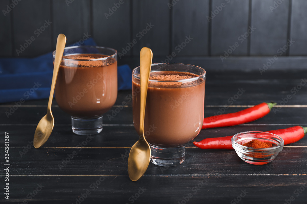 Glasses of hot chocolate on table