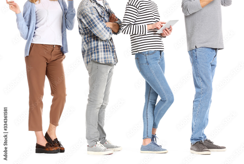 Young people waiting in line on white background