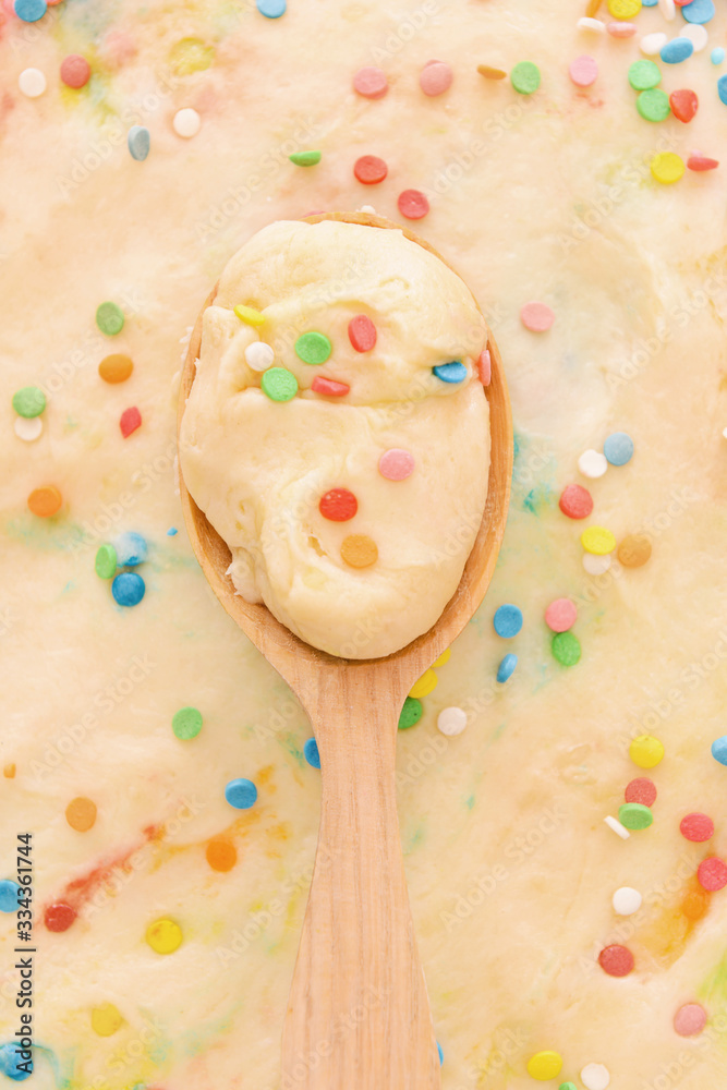 Spoon with sweet dough, closeup