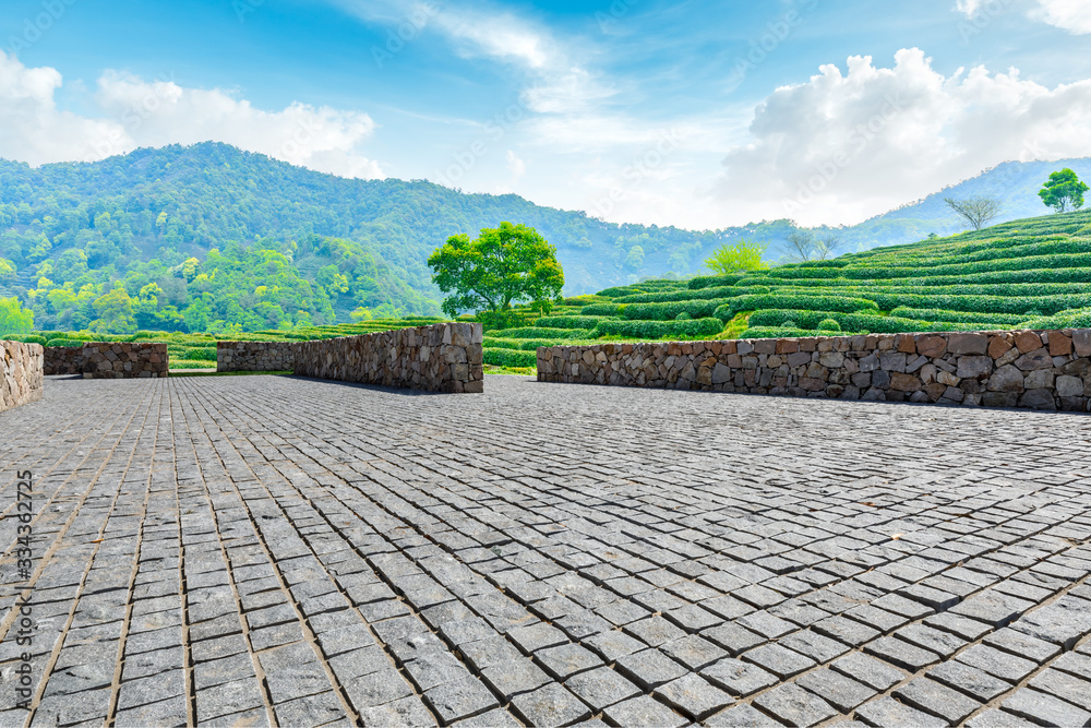 Empty square floor and green tea plantation nature landscape.