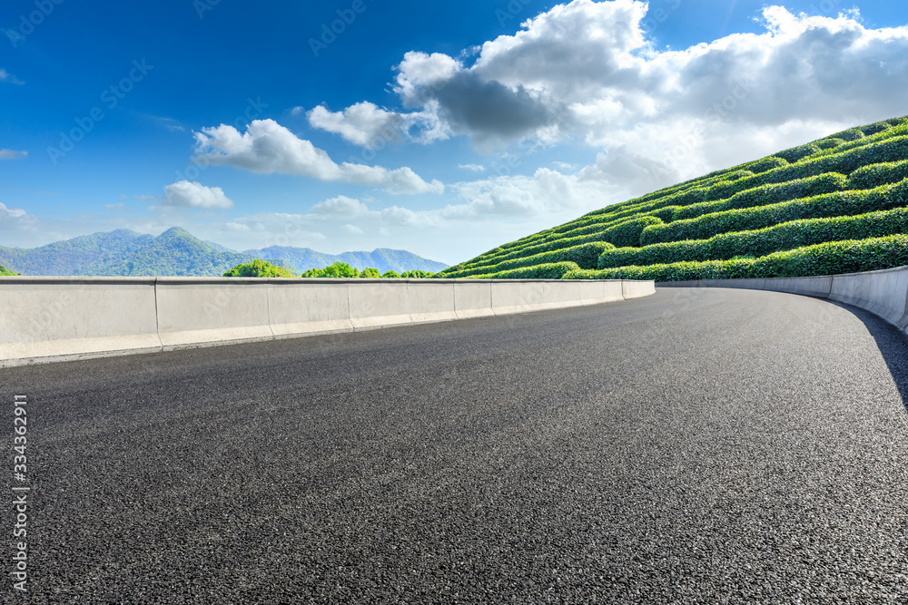 Empty asphalt road and green tea plantation nature landscape.