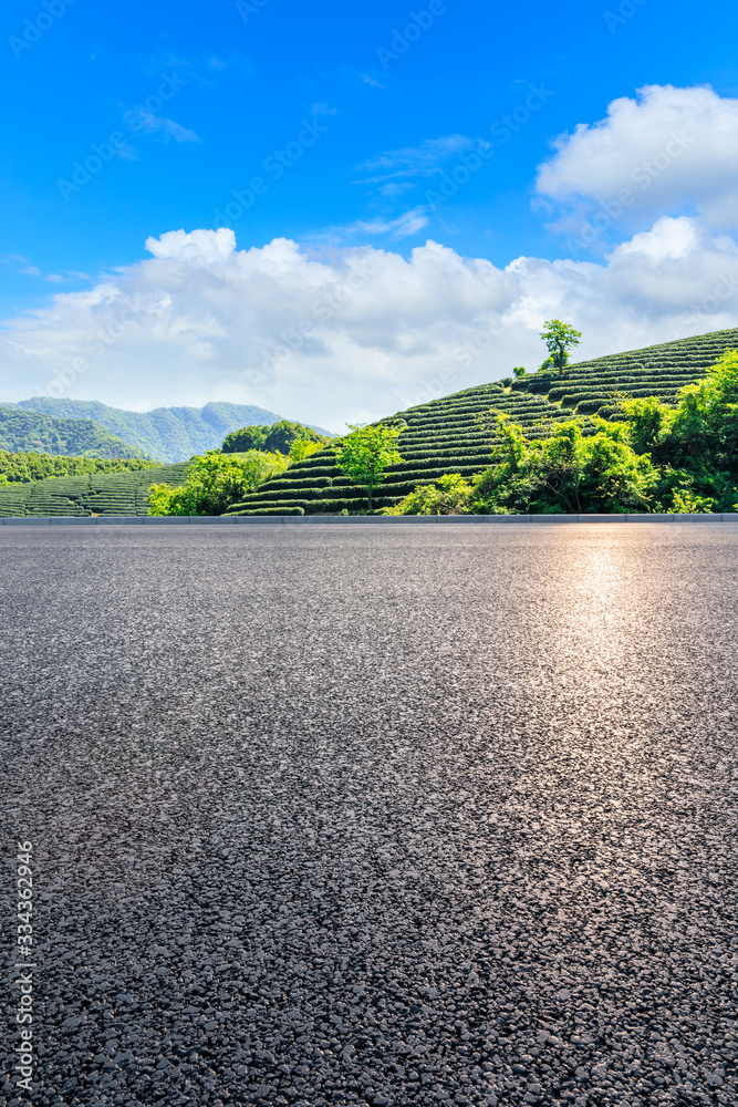 Empty asphalt road and green tea plantation nature landscape.