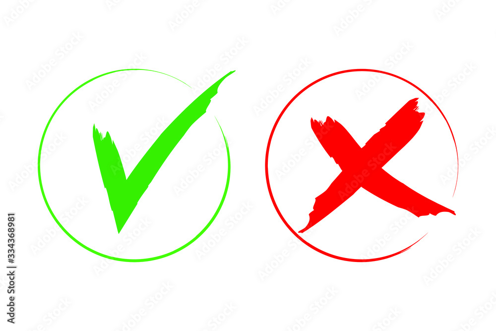 Check mark icon set. Green tick and red cross flat simbol. Check ok, YES or no, X marks for vote, de