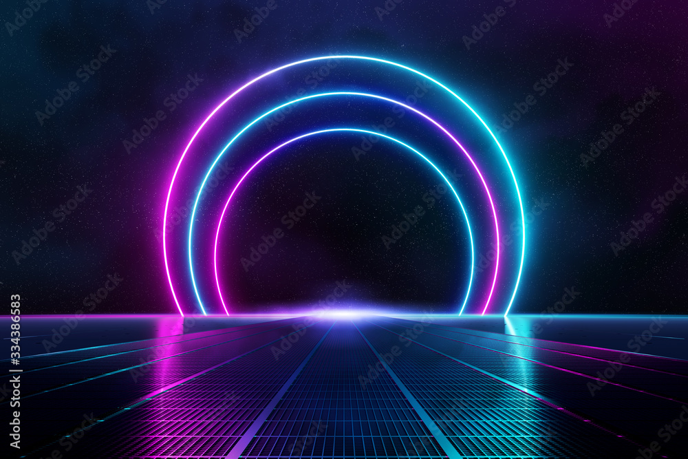 Abstract background pathway leading to blue and pink neon light circles reflecting on the floor 3D r