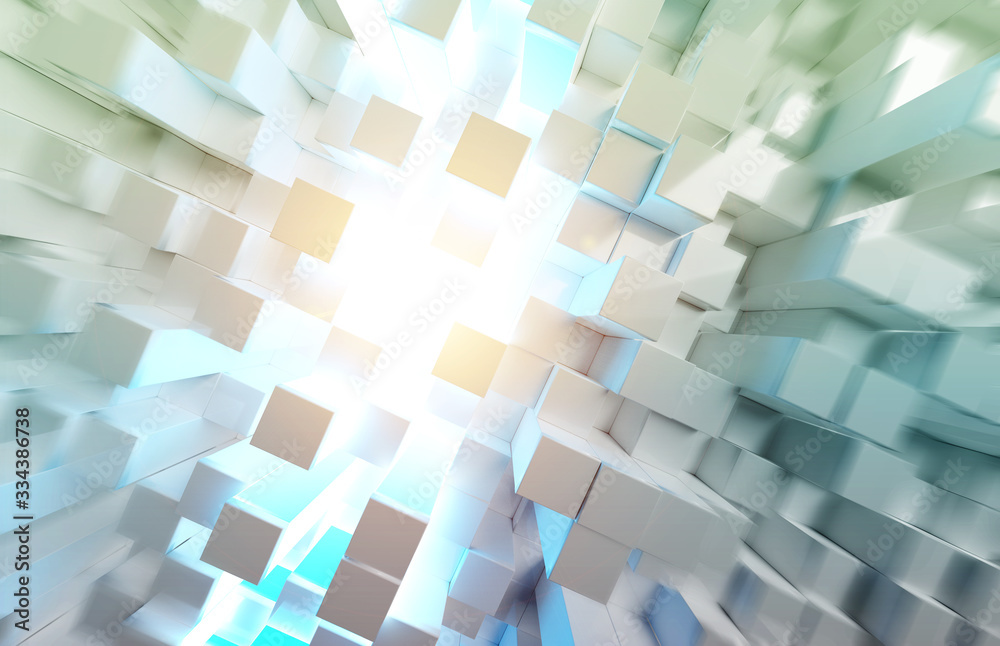 Glowing white and colorful abstract squares background pattern 3D rendering