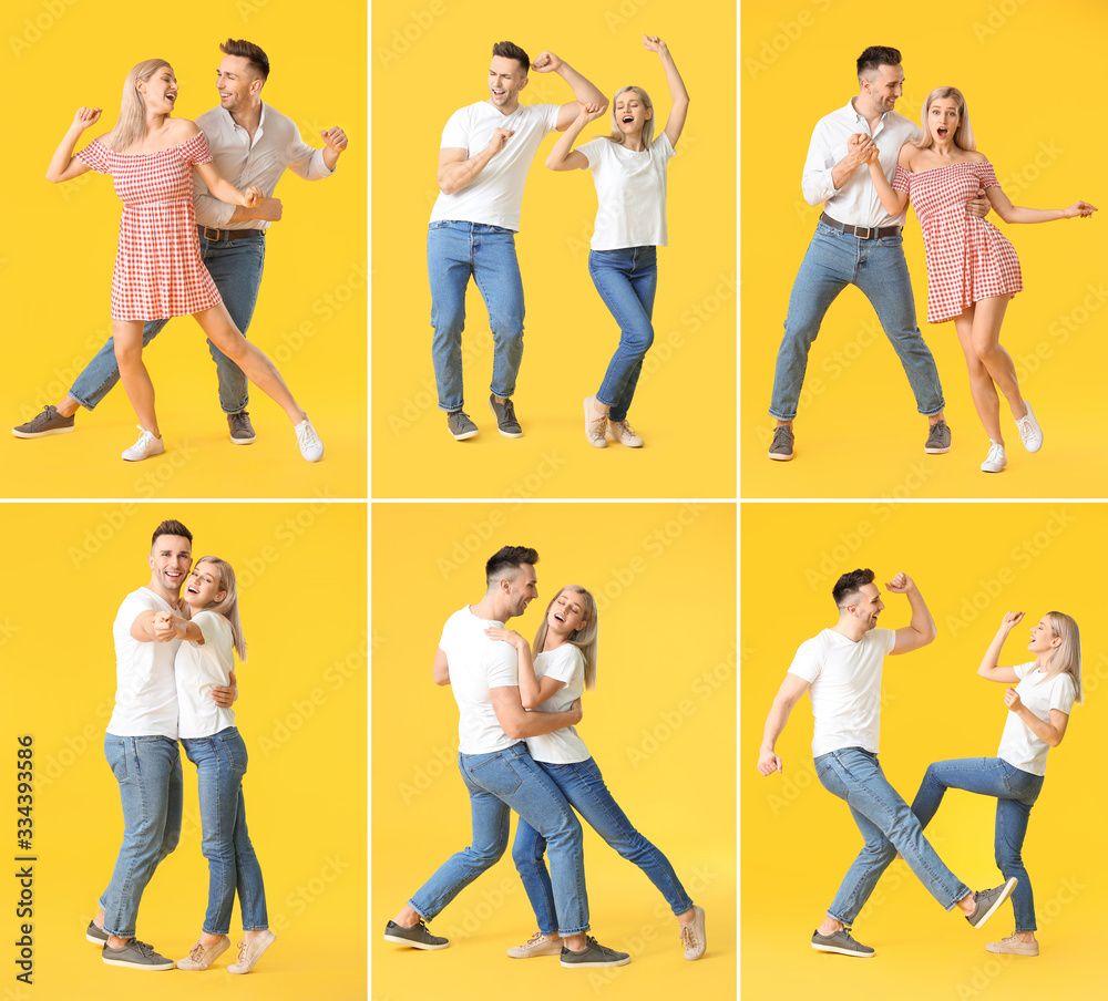 Happy dancing young couple on color background