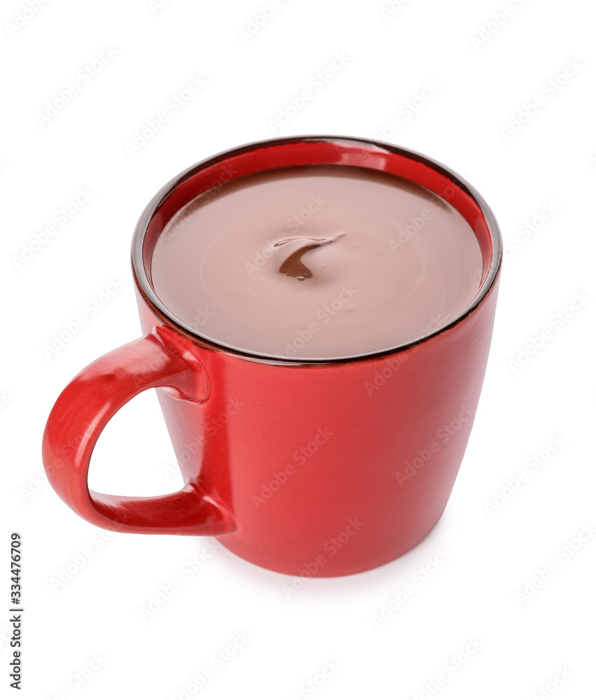 Cup of hot chocolate on white background