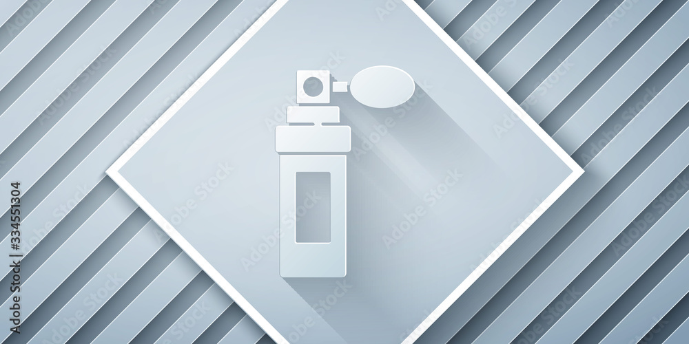 Paper cut Perfume icon isolated on grey background. Paper art style. Vector Illustration