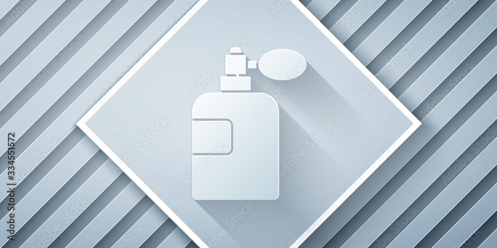 Paper cut Perfume icon isolated on grey background. Paper art style. Vector Illustration