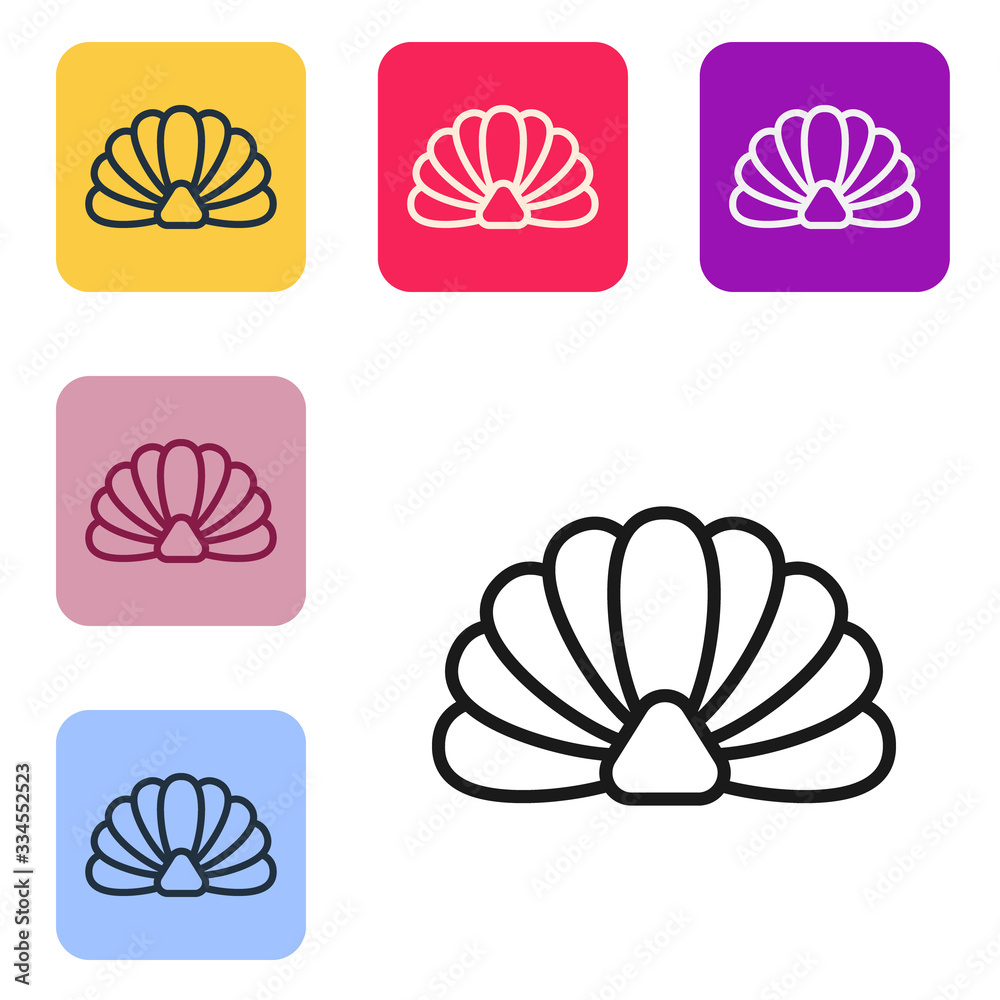 Black line Scallop sea shell icon isolated on white background. Seashell sign.Set icons in color squ