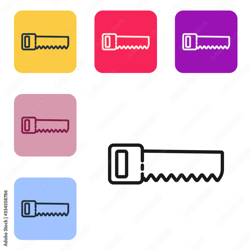 Black line Hand saw icon isolated on white background. Set icons in color square buttons. Vector Ill