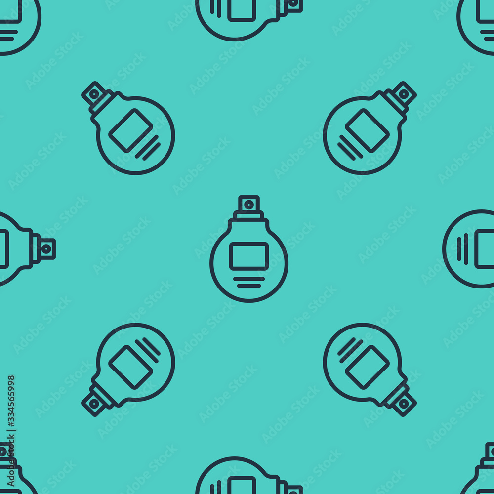 Black line Perfume icon isolated seamless pattern on green background. Vector Illustration