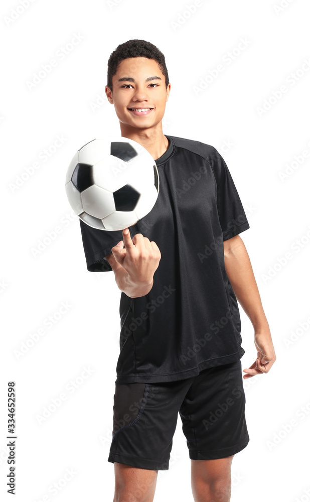 Young African-American football player on white background