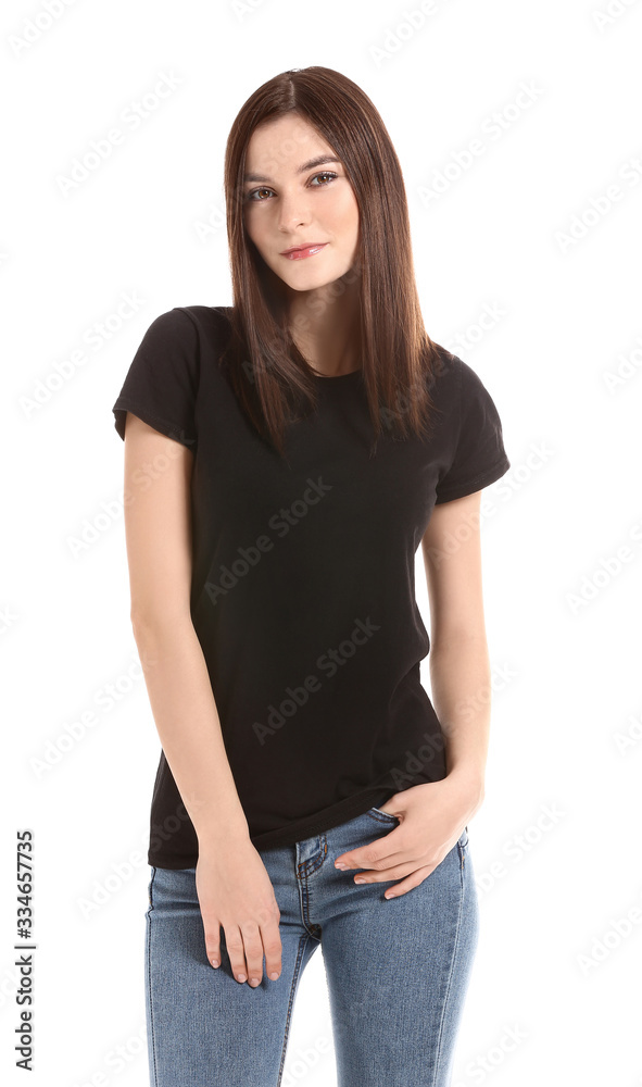 Woman in stylish t-shirt on white background