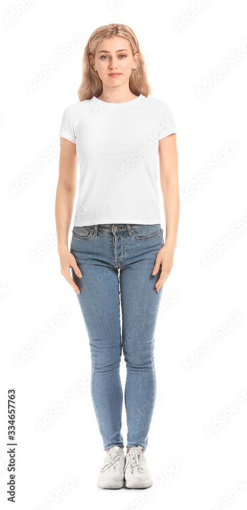 Woman in stylish t-shirt on white background