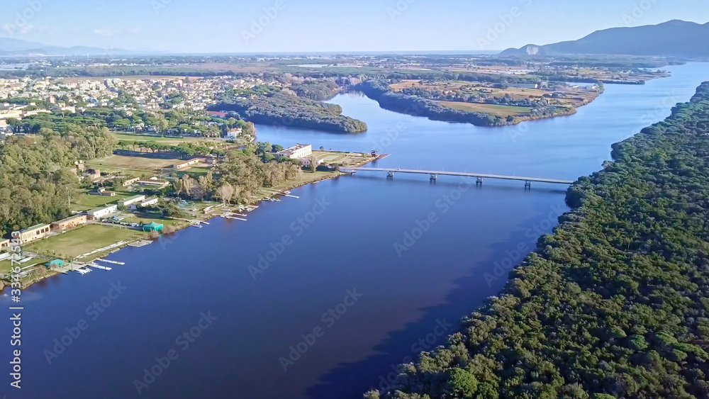 Aerial panoramic view: Canal-harbour of Sabaudia in Italy