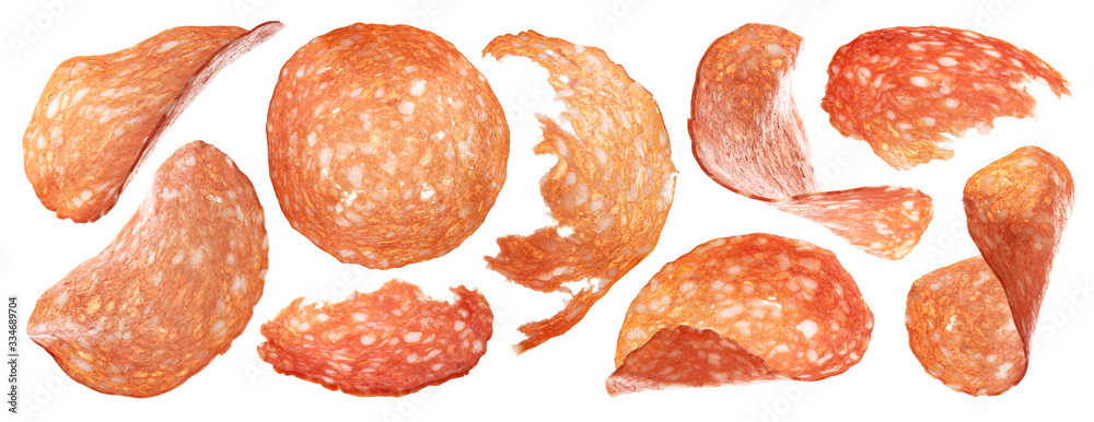 Sliced salami sausage isolated on white background