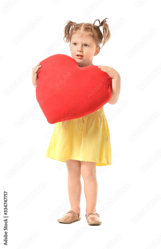 Cute little girl with red heart on white background