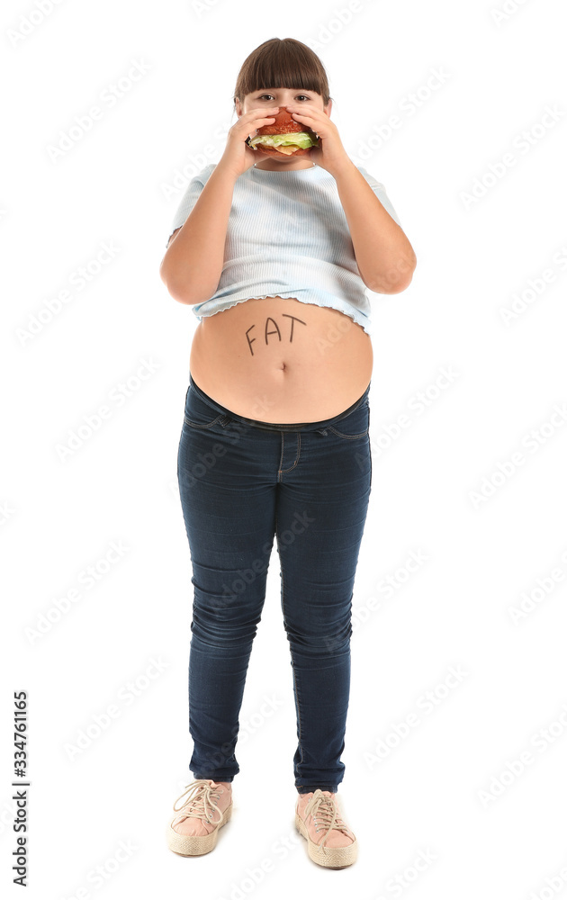 Overweight girl with unhealthy burger on white background