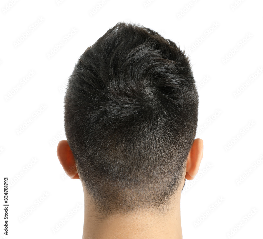 Handsome man with healthy hair on white background