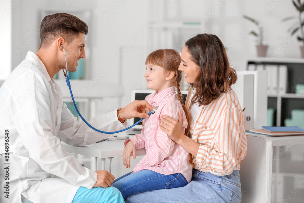 Woman with little daughter visiting pediatrician in clinic