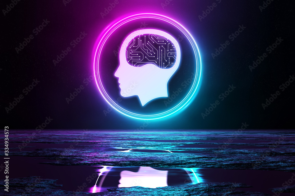 Digital brain holographic icon illuminating the floor with blue and pink neon light 3D rendering