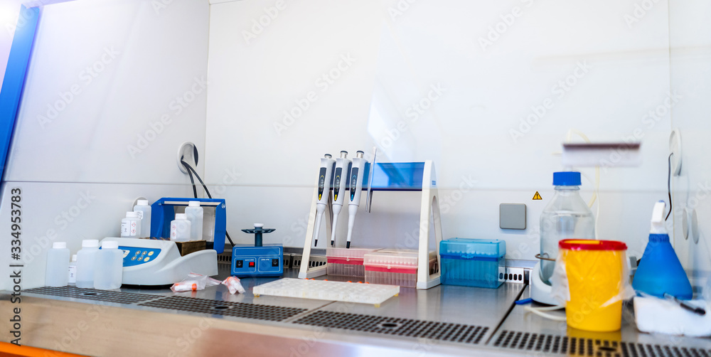 Medical research laboratory concept. Pharmaceutical or chemical lab with equipment. DNA or AIDS iden