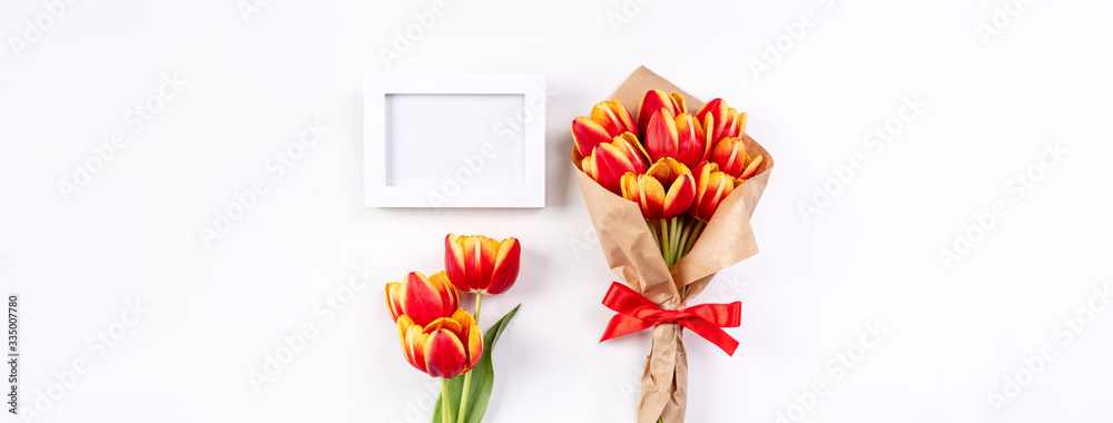 Mothers Day Design Concept, Tulip flower bunch, - Beautiful Red, yellow bouquet isolated on bright 