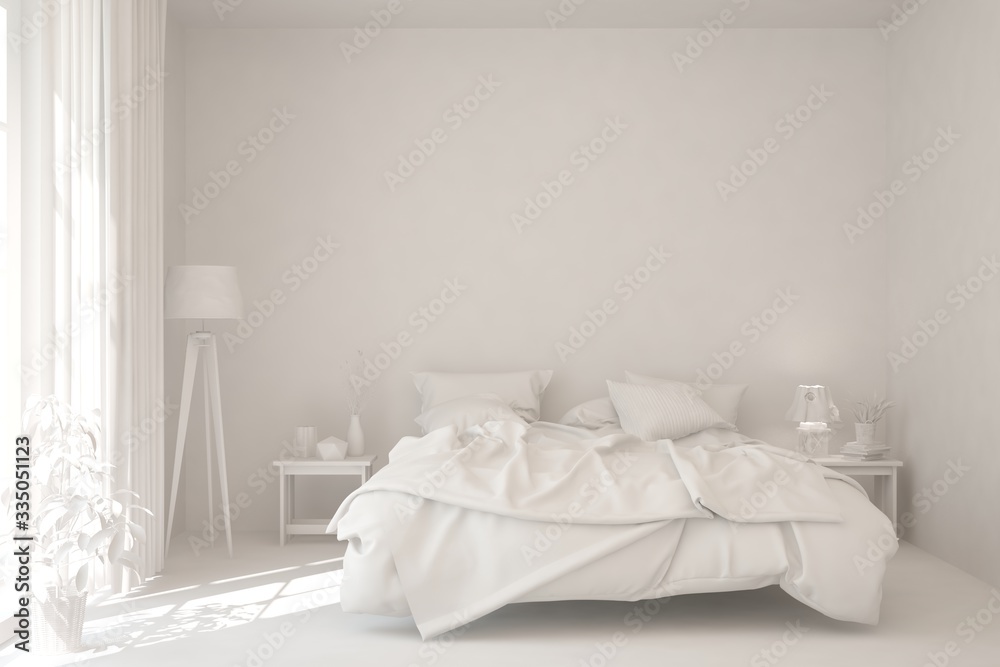 Modern bedroom in white color. Scandinavian interior design. 3D illustration