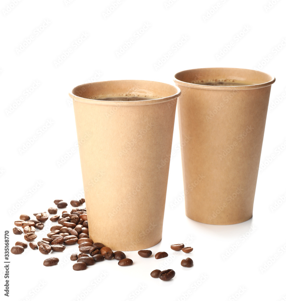 Takeaway coffee cups on white background