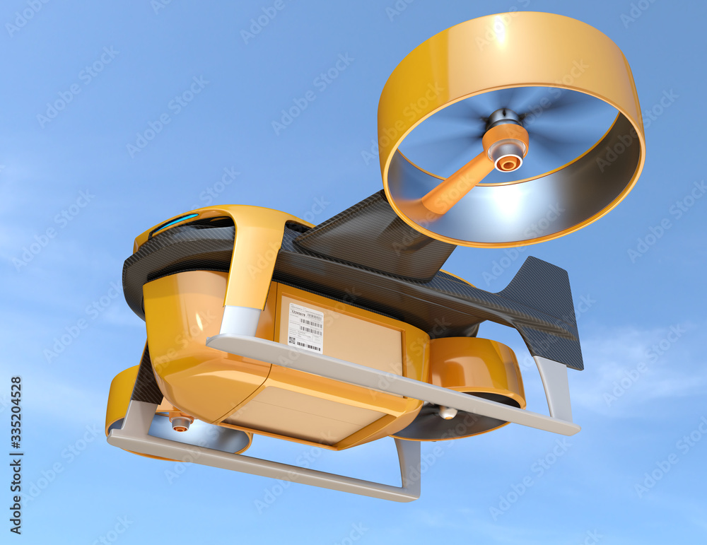 VTOL delivery drone flying in the sky. Takeoff or landing mode. 3D rendering image.