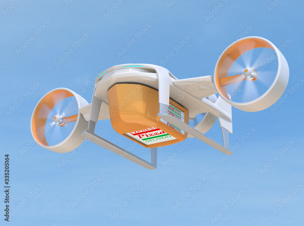 VTOL delivery drone carry pizza boxes flying in the sky. Touchless delivery concept. 3D rendering im