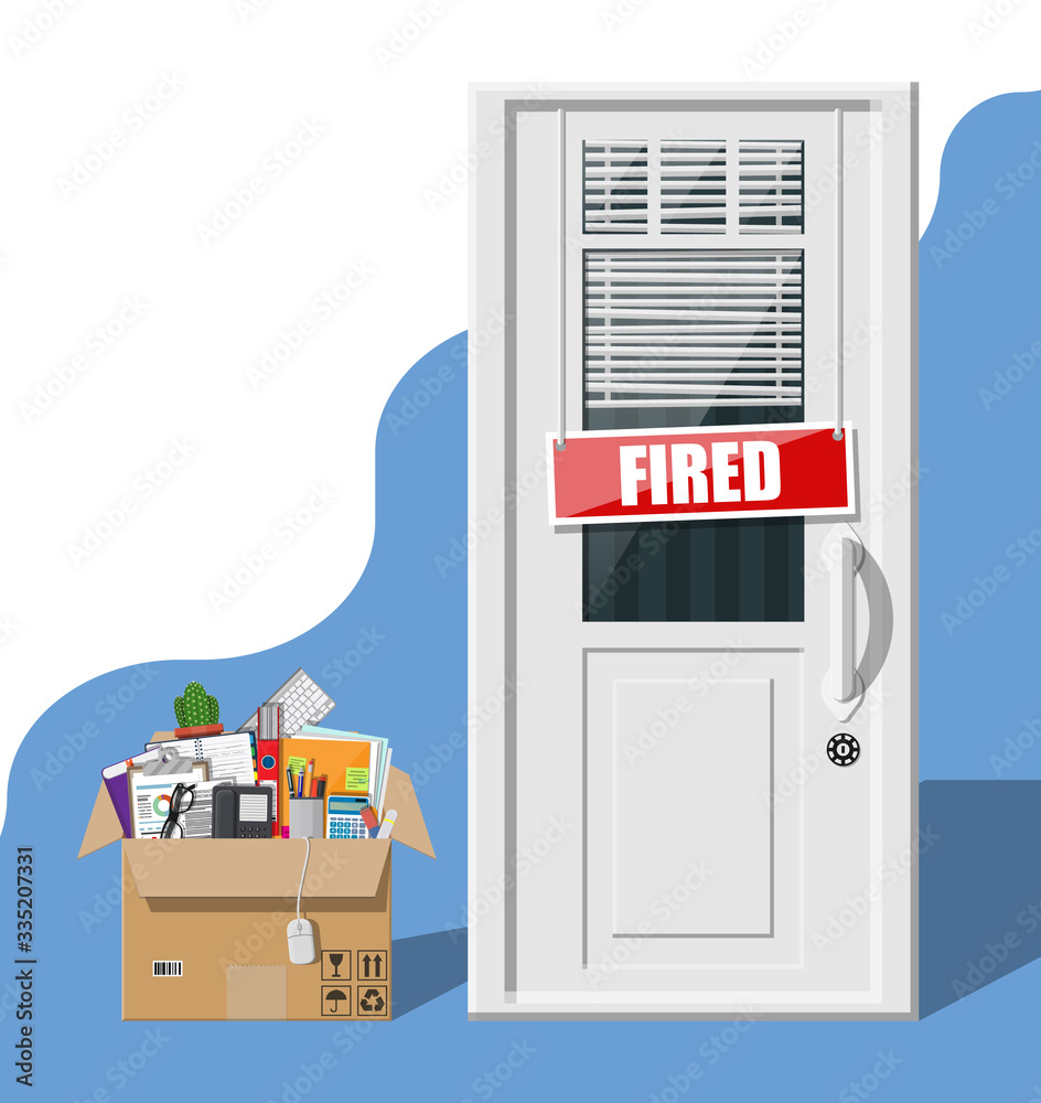 Door with fired word plate and cardboard box with office items. Hiring and recruiting. Human resourc