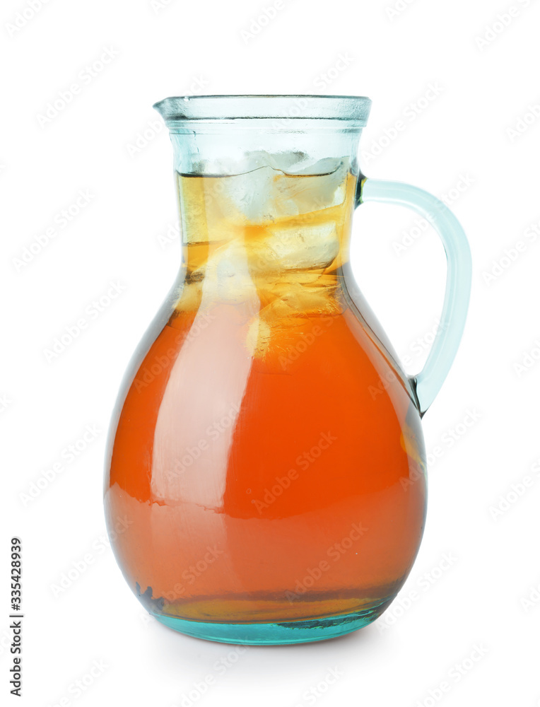 Jug of tasty cold tea on white background