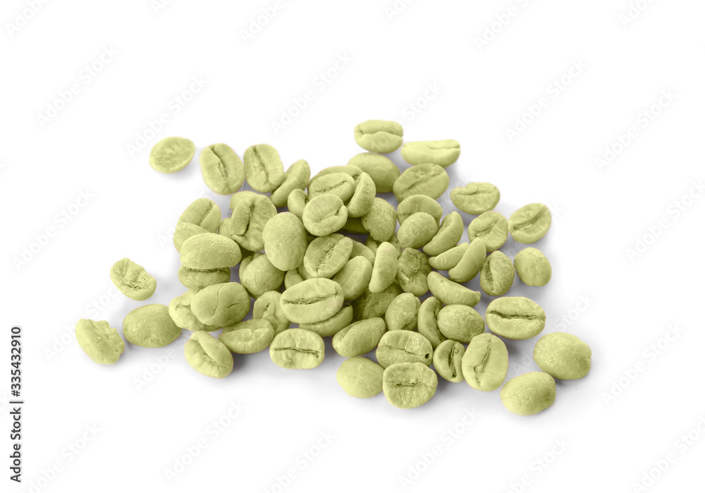 Green coffee beans on white background